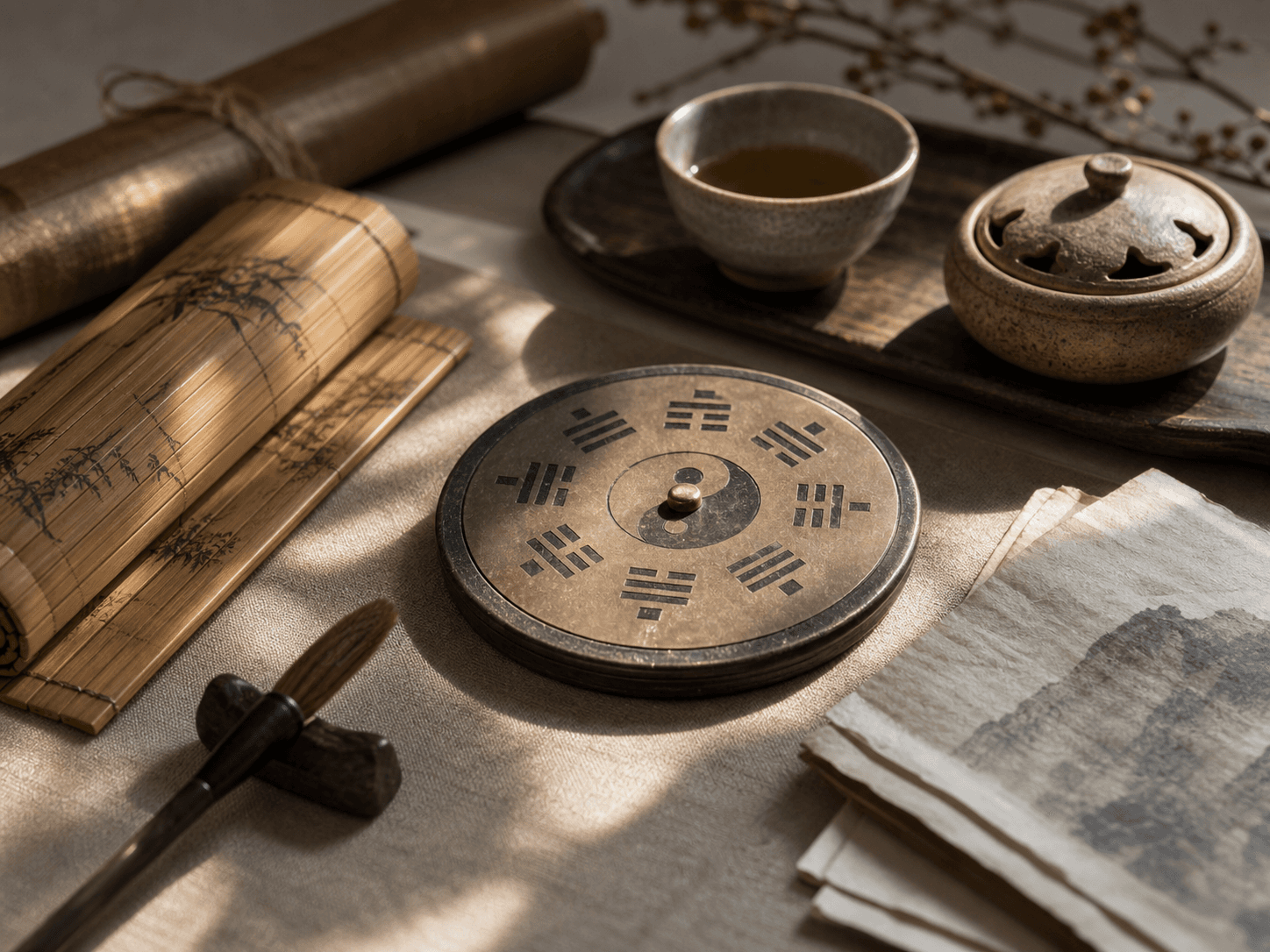 A quiet Yi Ching study table with bagua, bamboo slips, tea, and paper.