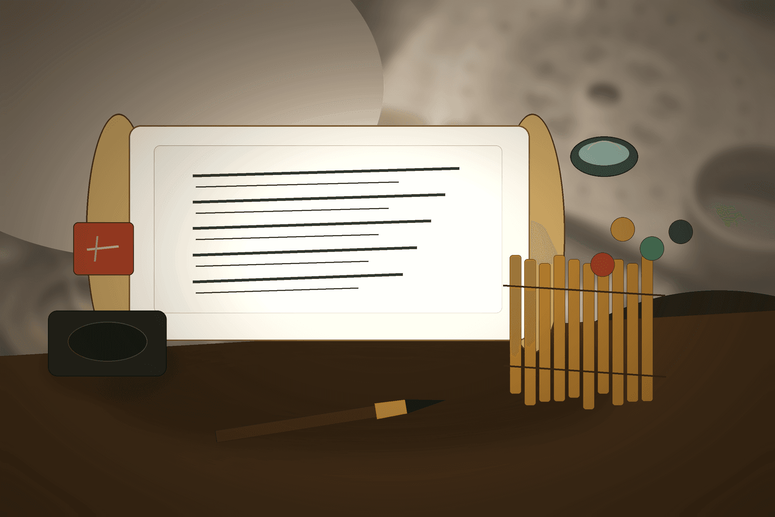 A warm paper scroll and bamboo slips arranged on a quiet study table.