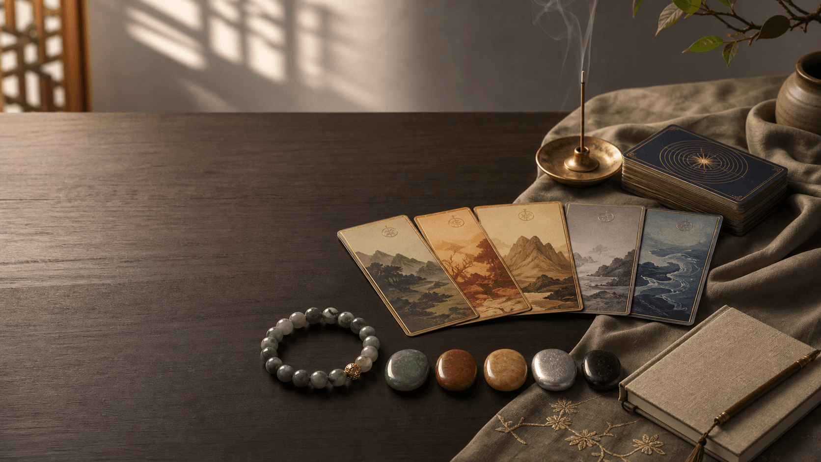 Journals, incense, Five Elements stones, and seasonal reflection cards arranged on a quiet study table.