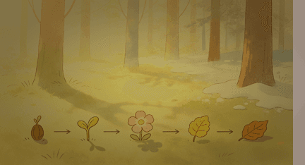 A gentle seasonal cycle illustration showing growth, bloom, autumn leaves, and winter snow.