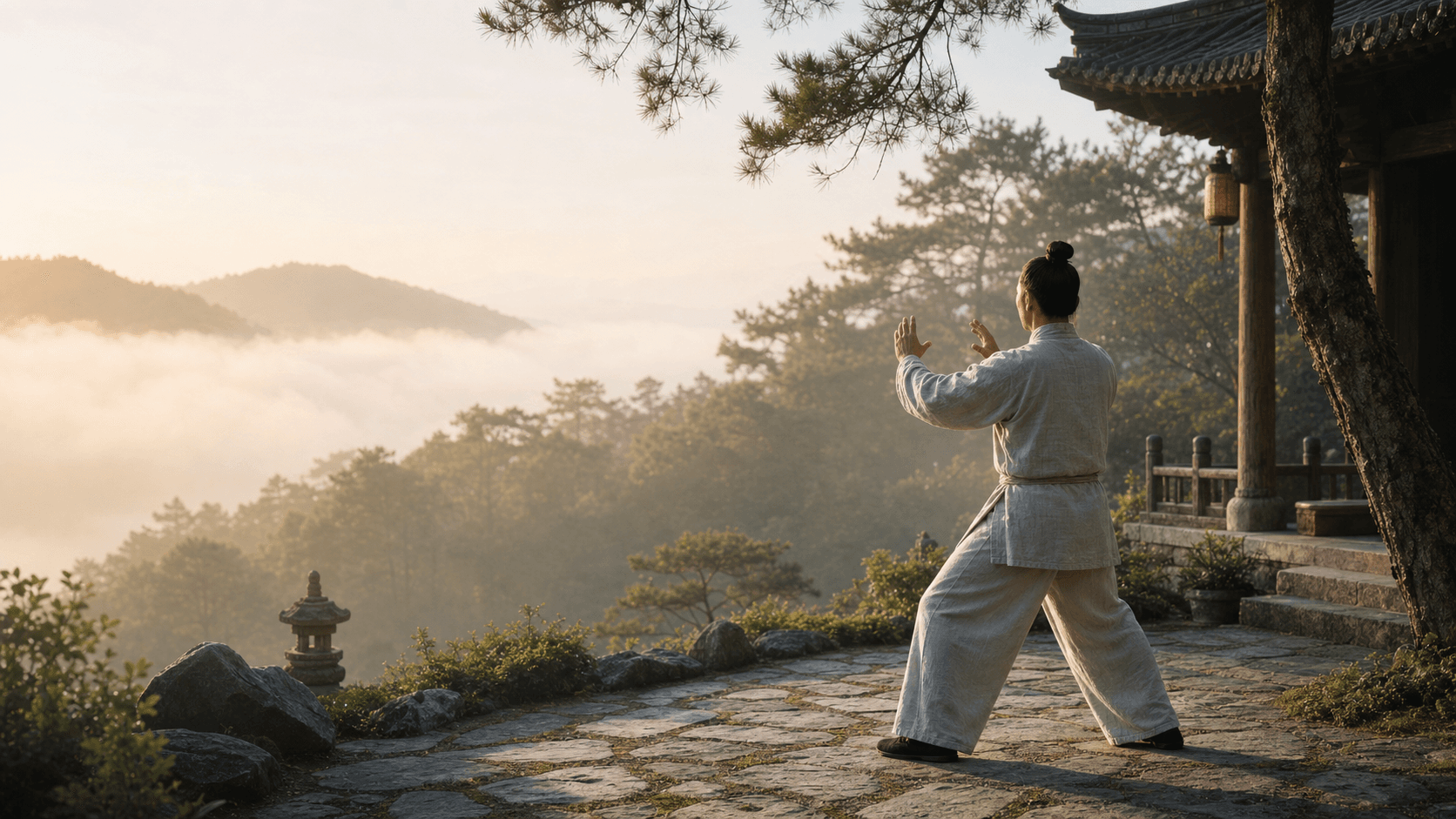 Gentle qigong movement practice in a quiet mountain setting