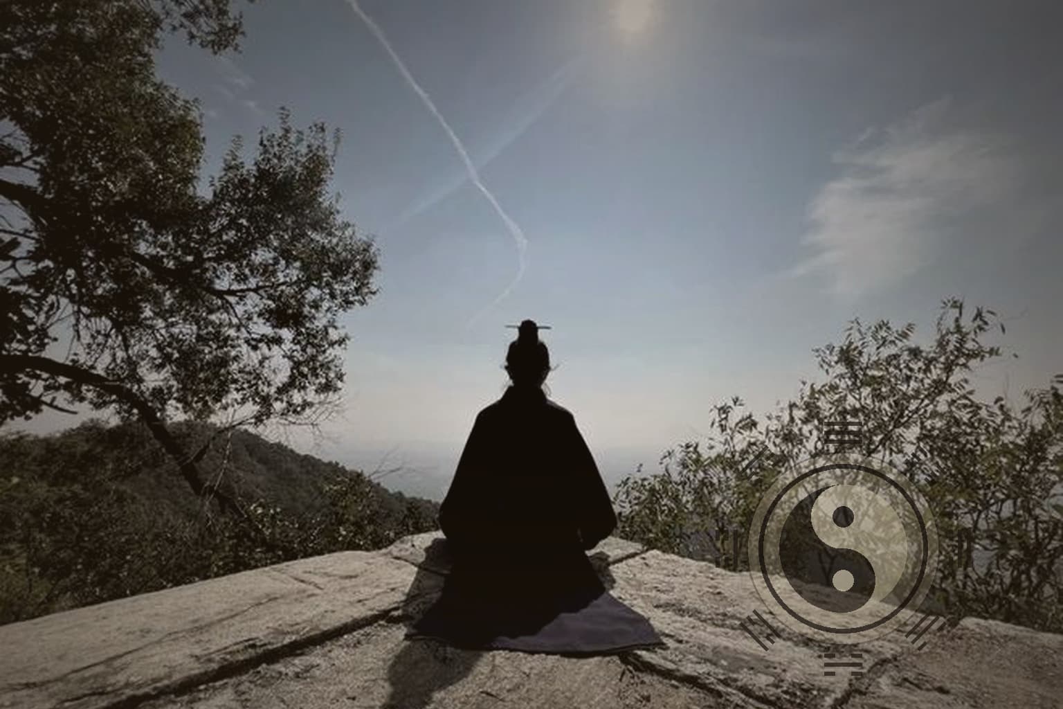 A calm Taoist meditation scene viewed from behind in warm natural light.