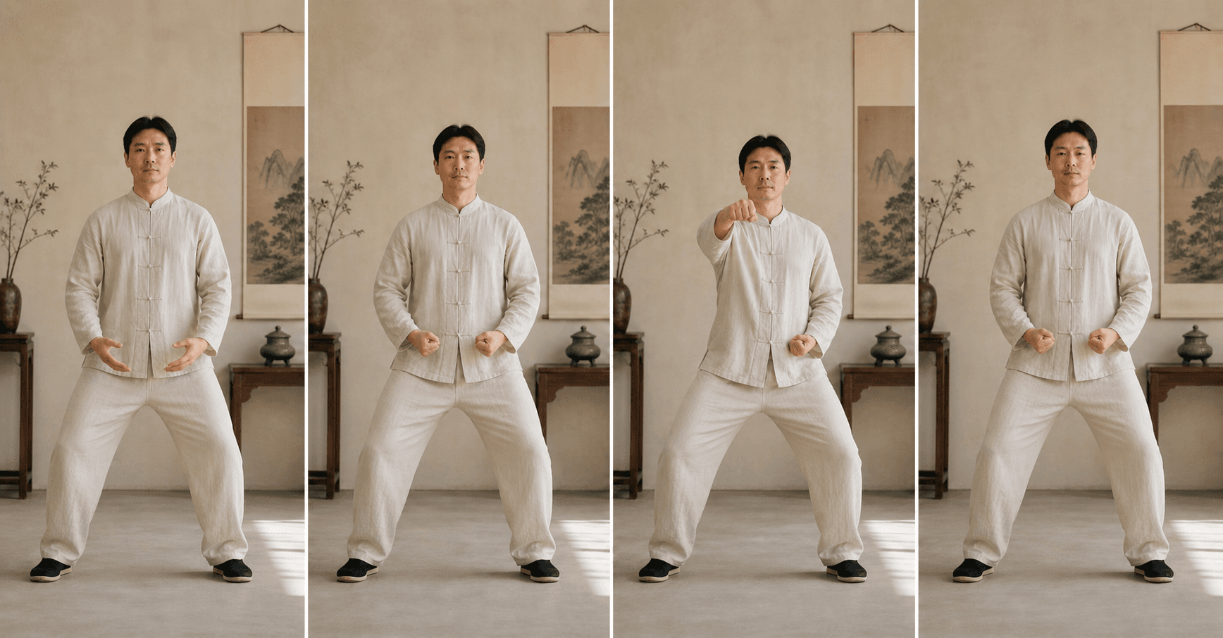 Four-frame visual reference for Baduanjin movement 07, Clench the Fists
