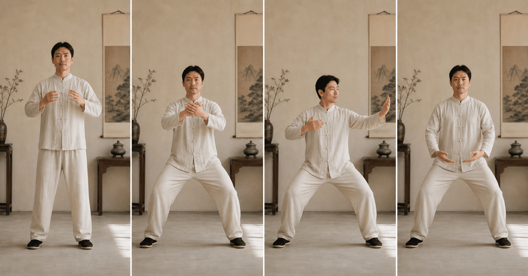 Four-frame visual reference for Baduanjin movement 02, Drawing the Bow