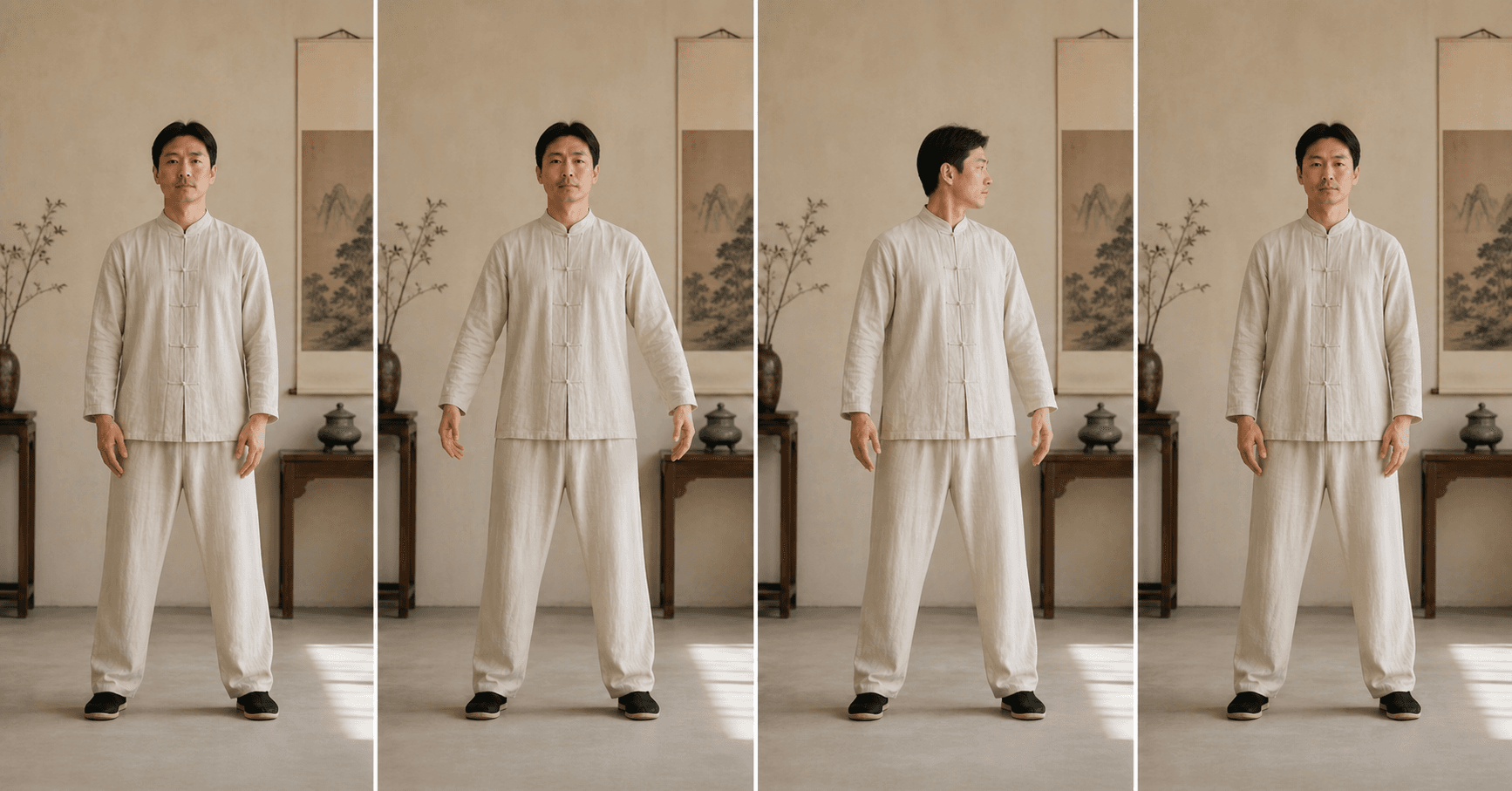 Four-frame visual reference for Baduanjin movement 04, Looking Back