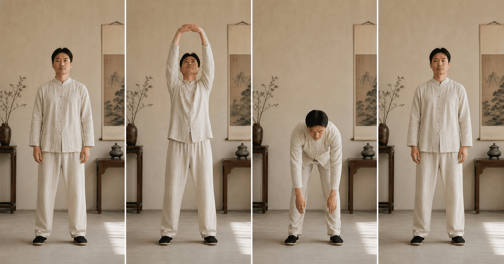 Four-frame visual reference for Baduanjin movement 06, Two Hands Reach Toward the Feet
