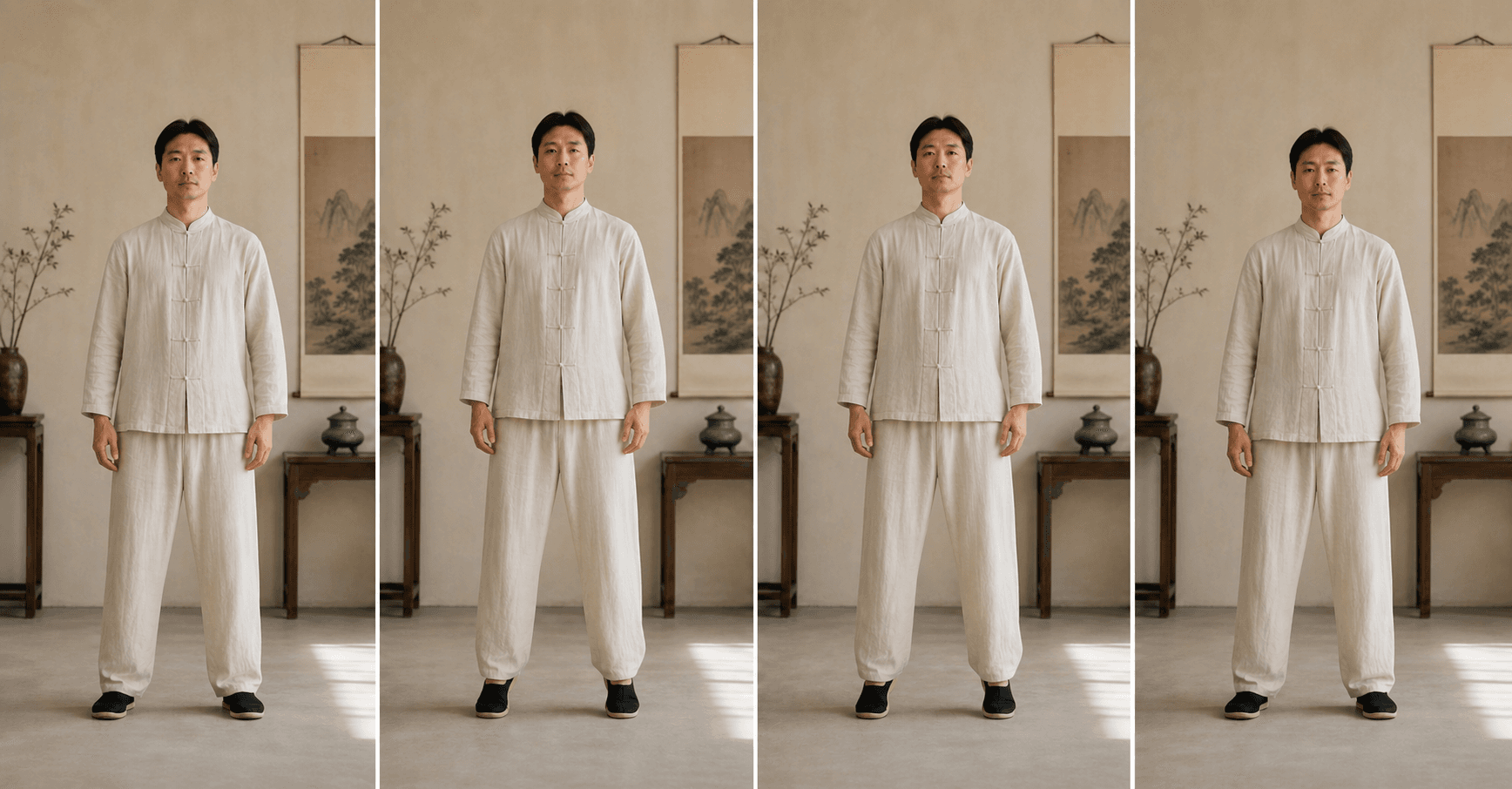 Four-frame visual reference for Baduanjin movement 08, Rise on the Toes