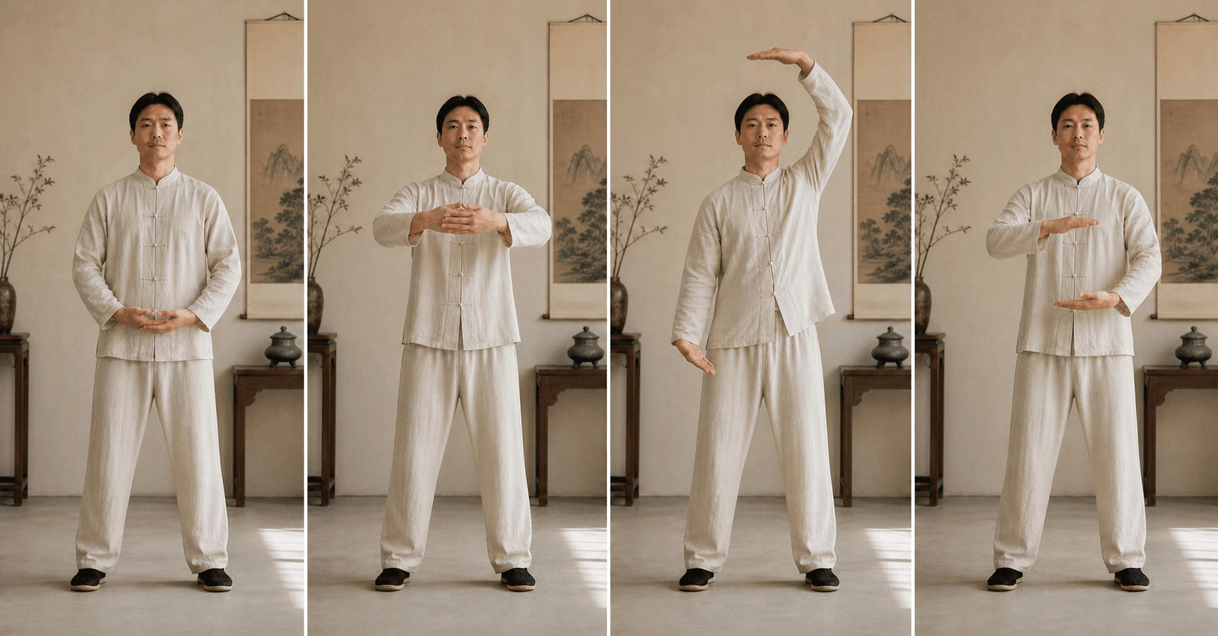 Four-frame visual reference for Baduanjin movement 03, Separate Heaven and Earth