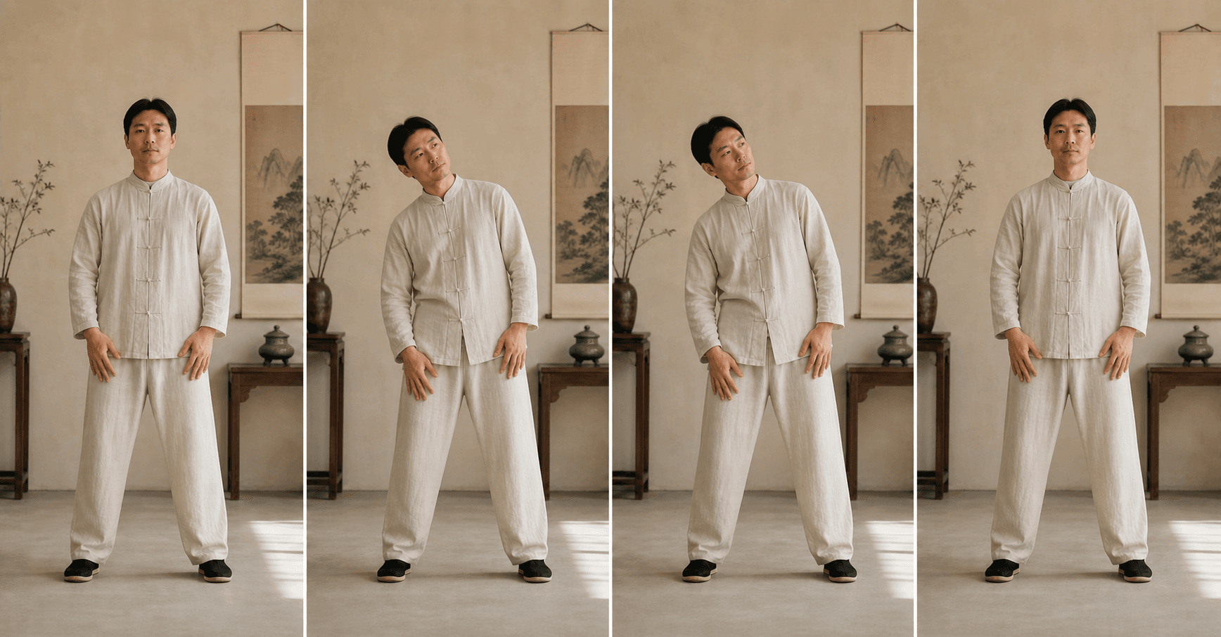 Four-frame visual reference for Baduanjin movement 05, Sway the Head and Tail