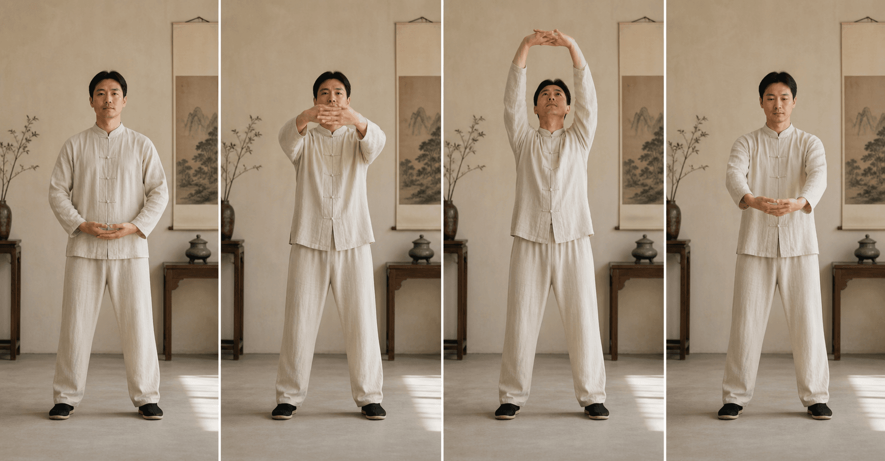 Four-frame visual reference for the opening Baduanjin movement